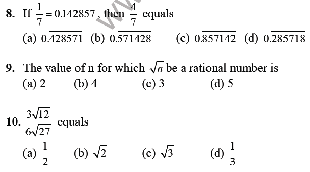 CBSE Class 9 Maths Number Systems MCQs Set E Multiple Choice Questions 